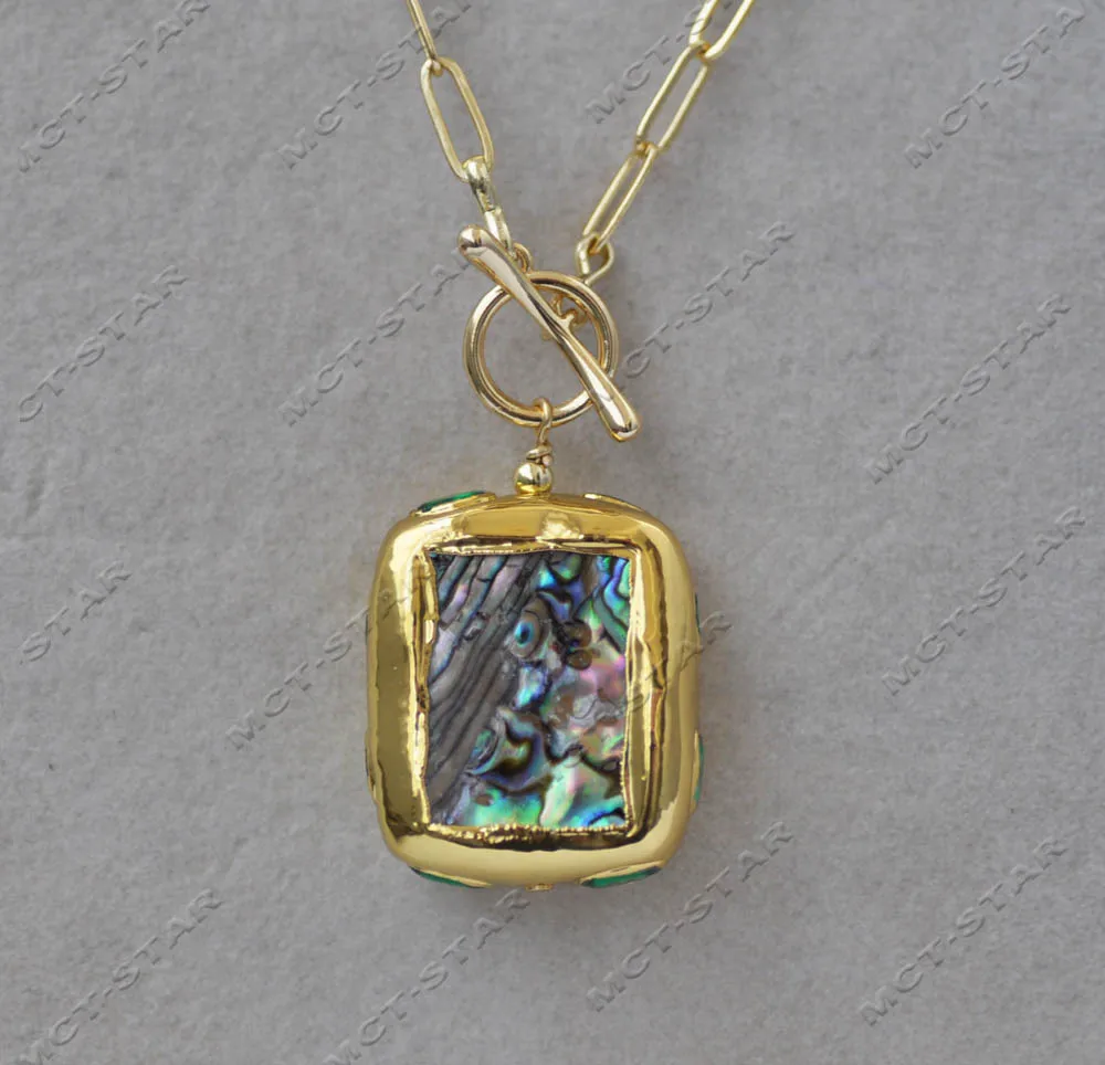 Z13276 Set 27mm Square Peacock Abalone Shell Gold Plating Earring Pendant CZ Custom Jewelry