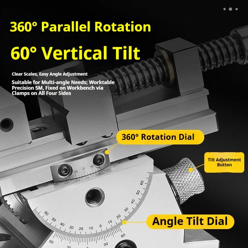 Universal flat jaw pliers - Precision vise with 360-degree rotation, adjustable angle, and tilting feature. Manual type.