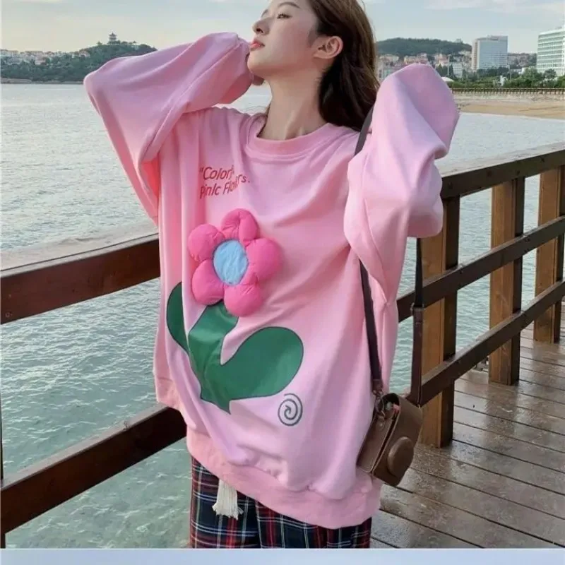 

DAYIFUN-O Neck Sweatshirts Women Sweet Sweet Long Sleeve Hoodies Three-Dimensional Sponge Flower Print Tops Korean Autumn Winter