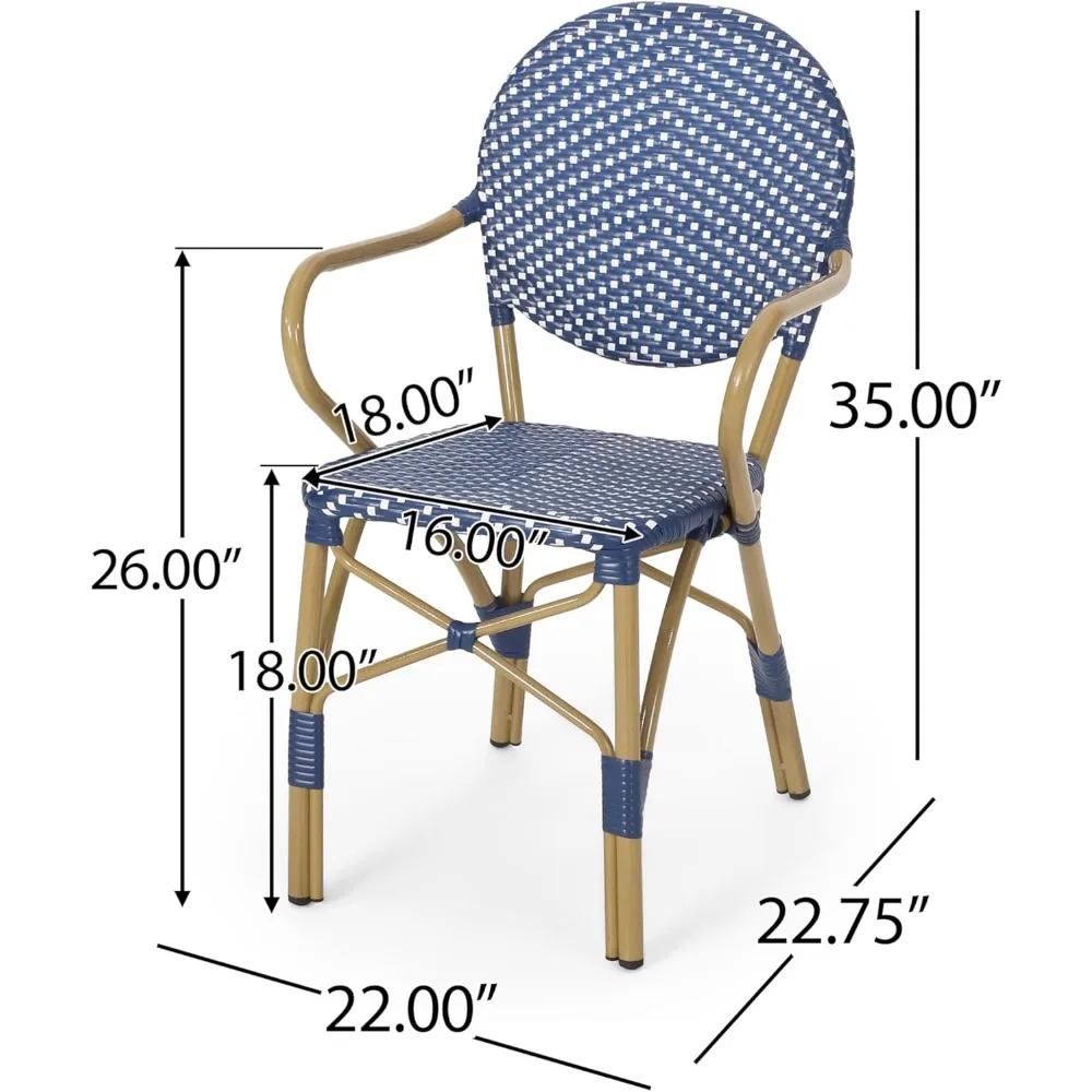 Set 2 Kursi Bistro Prancis, Rotan Tahan Cuaca dengan Rangka Aluminium & Bambu