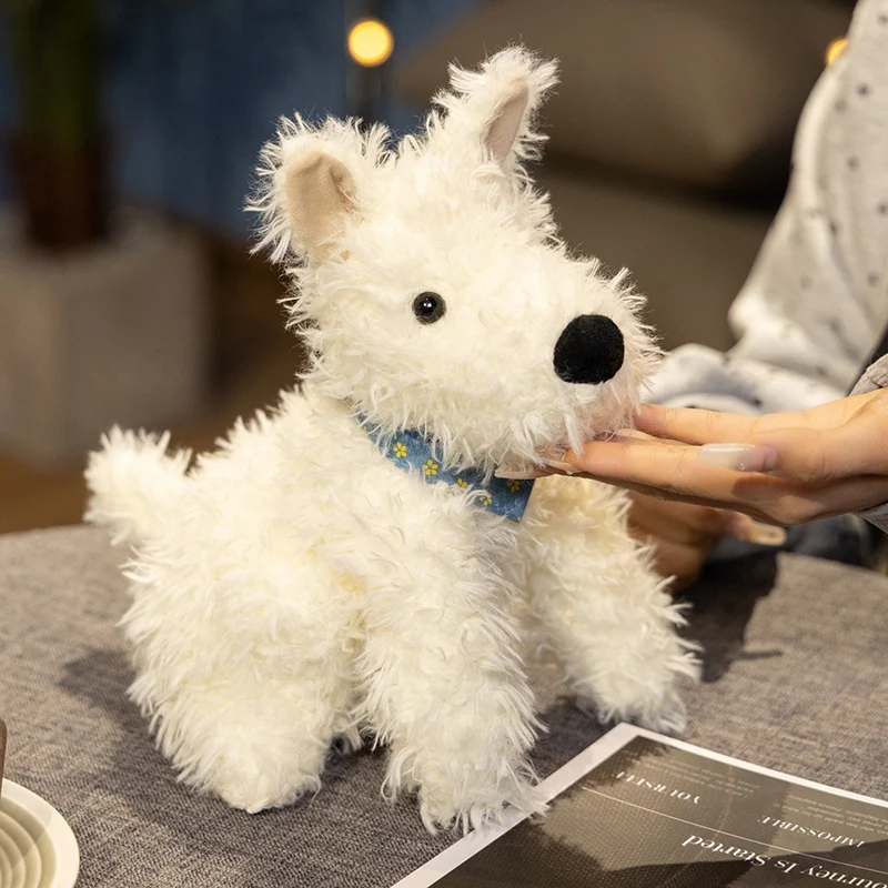 愛らしいふわふわの髪ウエストハイランドホワイトテリアぬいぐるみソフトスカーフ子犬のおもちゃぬいぐるみリアルな動物赤ちゃんなだめる睡眠人形