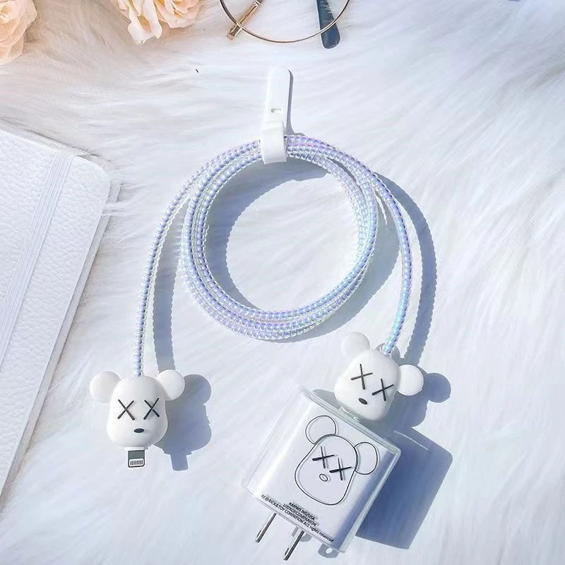 Cute Violent Bear USB Cable Protection Shell For iphone 18/20W US Adapter Charger Protector Cover Soft Winder Spiral Protective