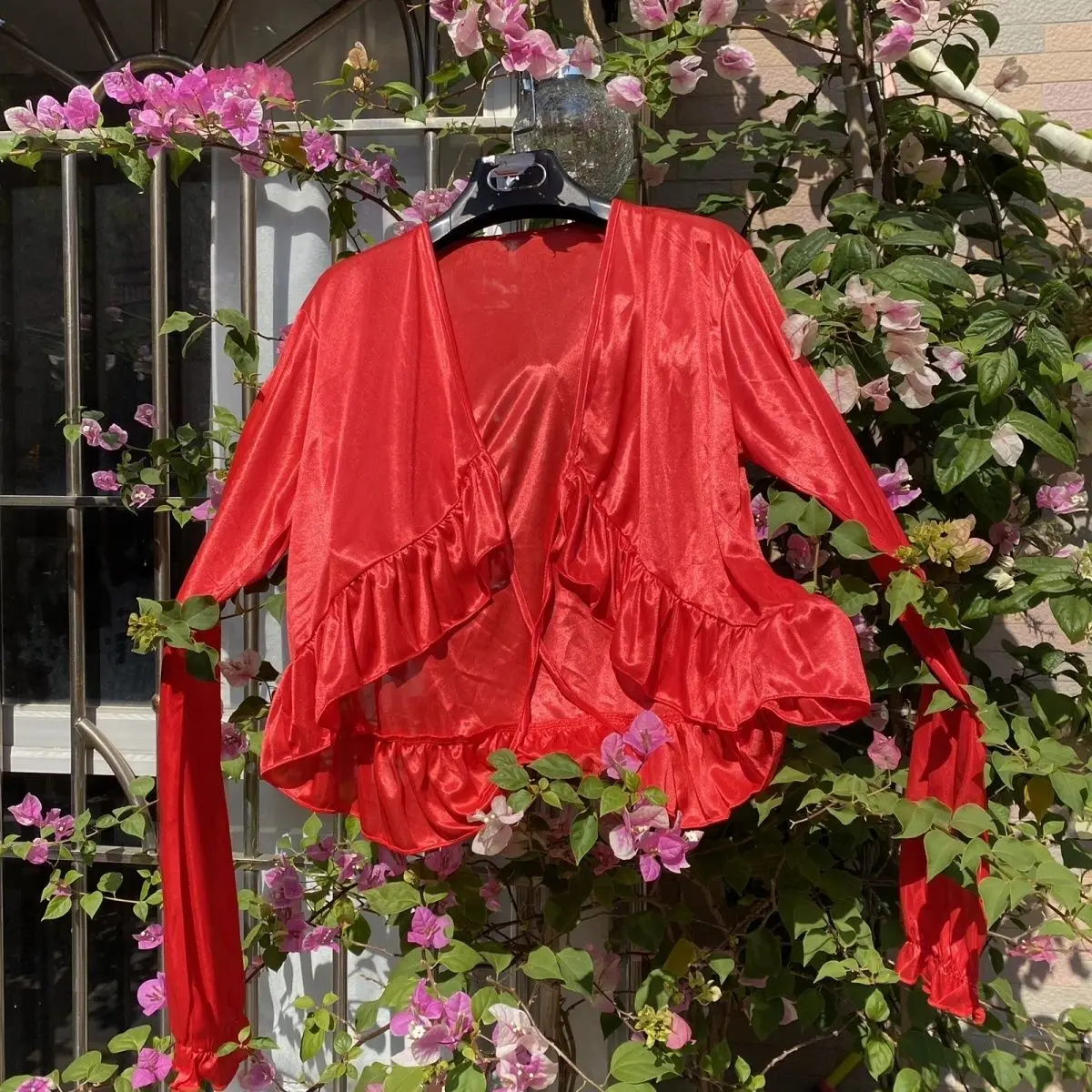 40-90kg Red glossy satin pajamas two-piece set dresses Women ruffles long sleeve outerwear loose sleeping dress