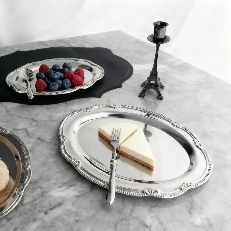 C New Vintage Embossed Silver Tray Serving Platter For Desserts Jewelry Storage Organizer Snack Plate Dining Table Decoration image 2