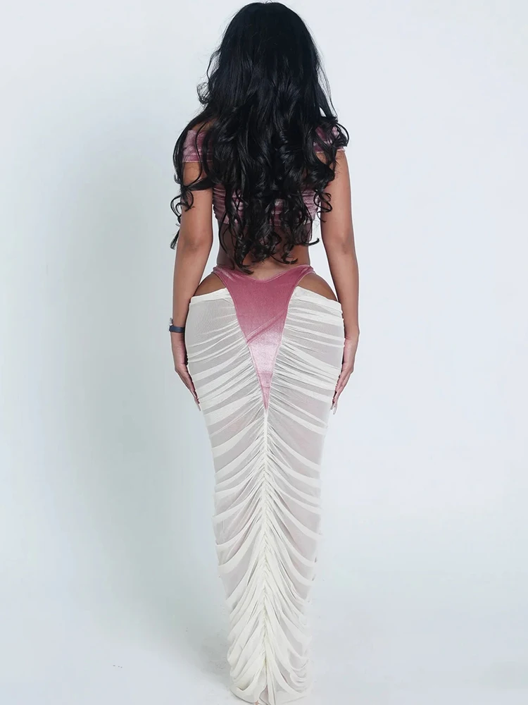 Cutenew-Conjunto de 2 piezas de coqueta Sexy para mujer, camisetas sin mangas cruzadas de terciopelo + faldas huecas de cintura alta de retales, ropa para discoteca a juego