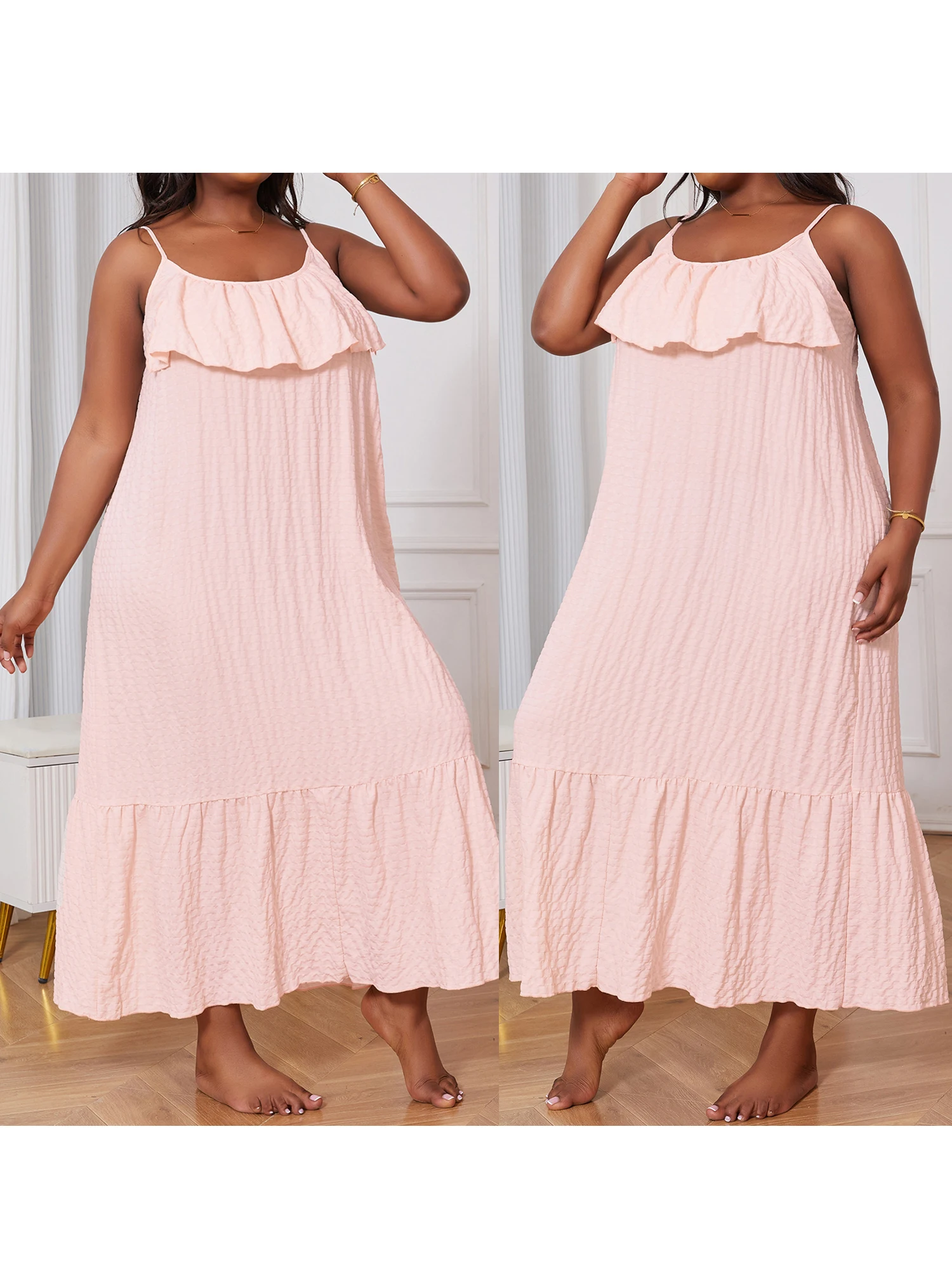 Women s Plus Size V-Neck Lace Trim Sleeveless Nightgown Solid Color Spaghetti Strap Backless Ruffled Long Sleepwear Dress