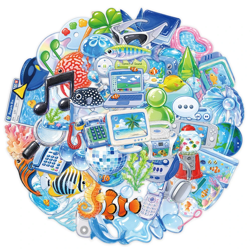 10/30/60pcs Blue Frutiger Aero Art Graffiti Stickers Transparent Cartoon Decals DIY Notebook Stationery Reward Aesthetic Sticker