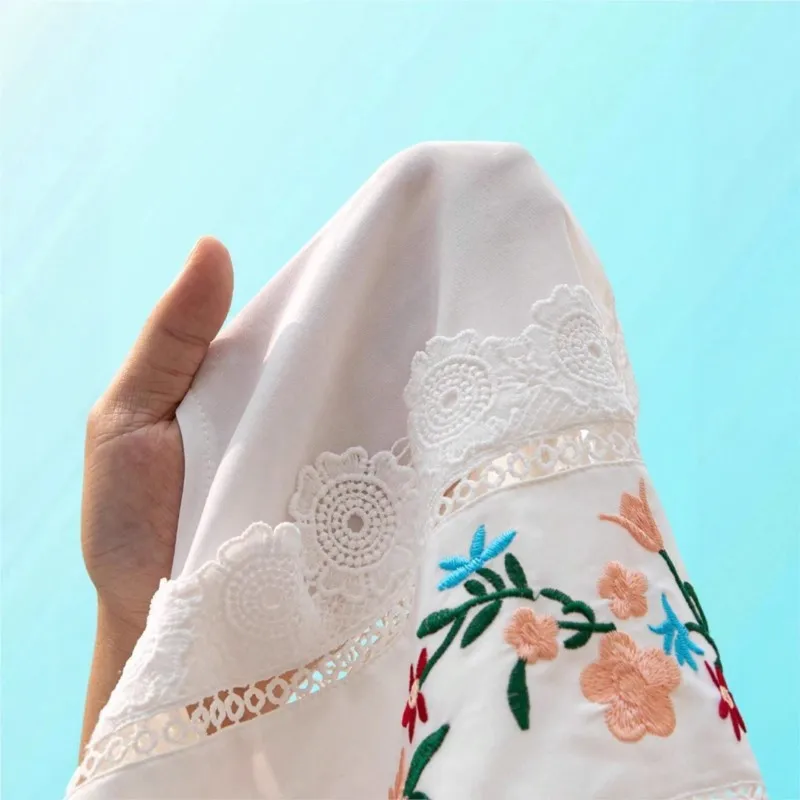 Camisa de gasa de verano para mujer, blusas tipo jersey, camiseta hueca sin mangas con cuello redondo y planta bordada de encaje a la moda, ropa para mujer