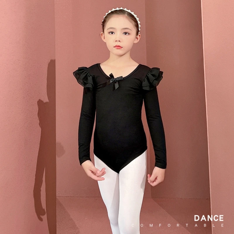 Justaucorps de danse de Ballet à manches longues pour fille, classique, col rond, dos nu, nœud décoratif, body de gymnastique, automne/hiver