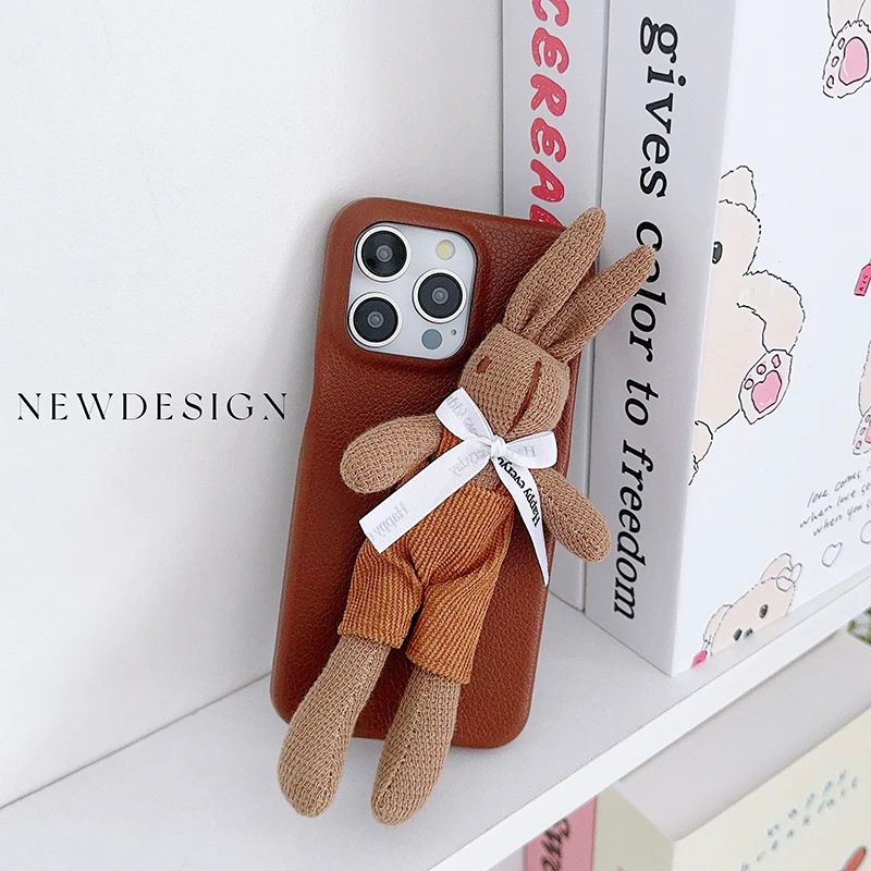 Brown Leather Plush Toy Bunny Phone Case for iPhone 15 14 13 12 11 16 Pro Max Ins Maillard Creative Anti-Drop Back Case