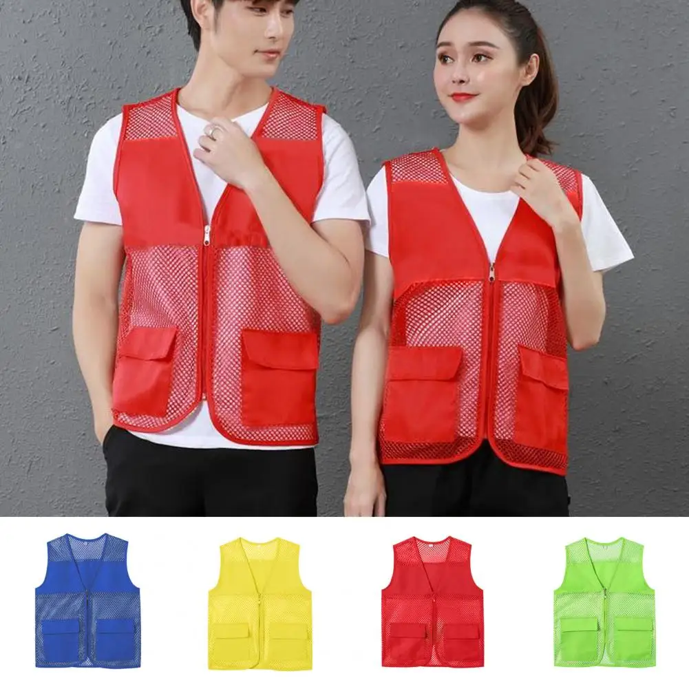 Fishing Vest Hollow Out Zipper Placket Double Pockets V-neck Work Vest Volunteer Bright Color Loose Fit Unisex Work Waistcoat