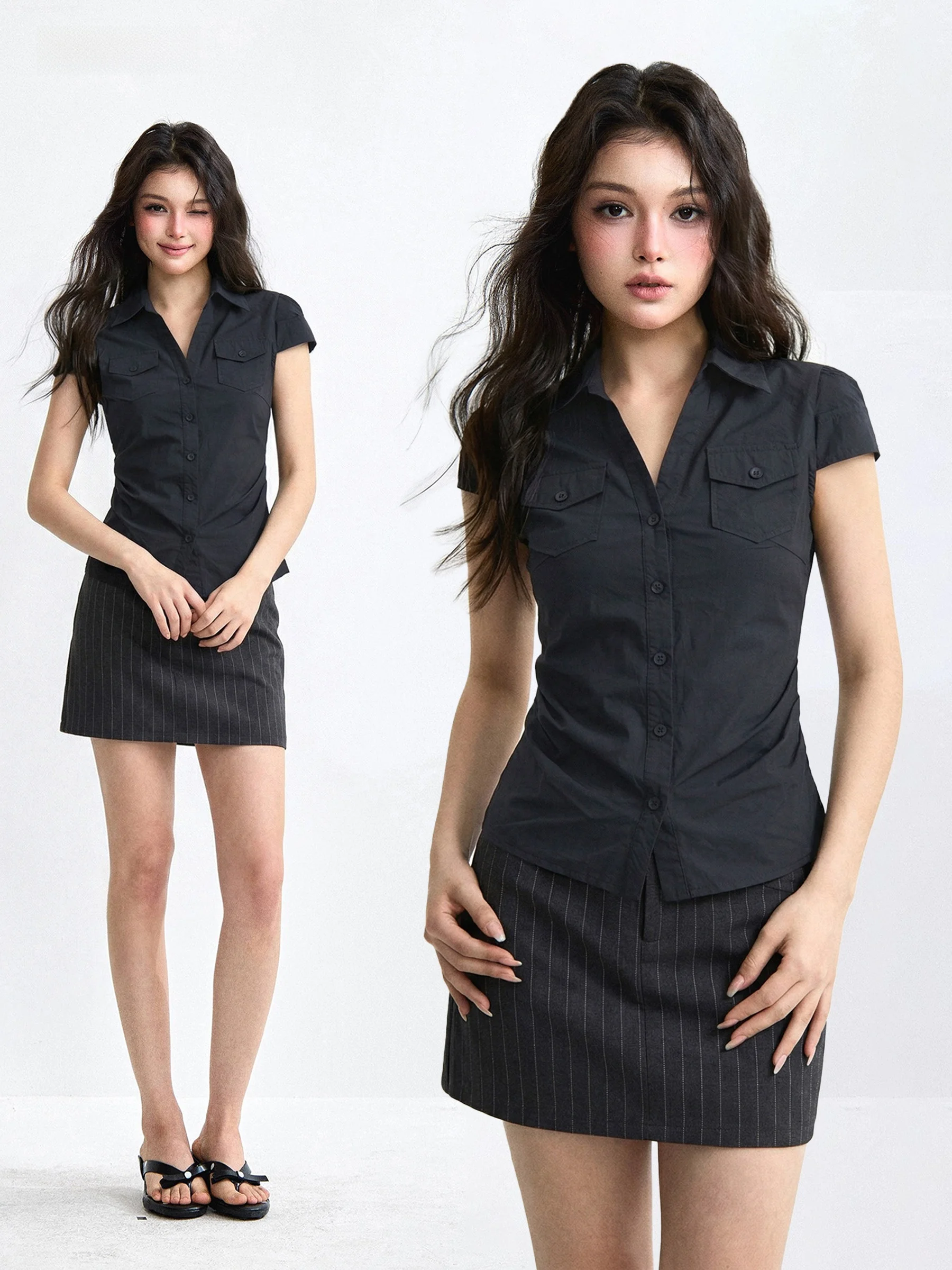 

Slim Fit Short Sleeve Shirt with Pocket Waist Cinched American Style Spicy Girl Summer Design Women's Fashion Korean Style Shirt
