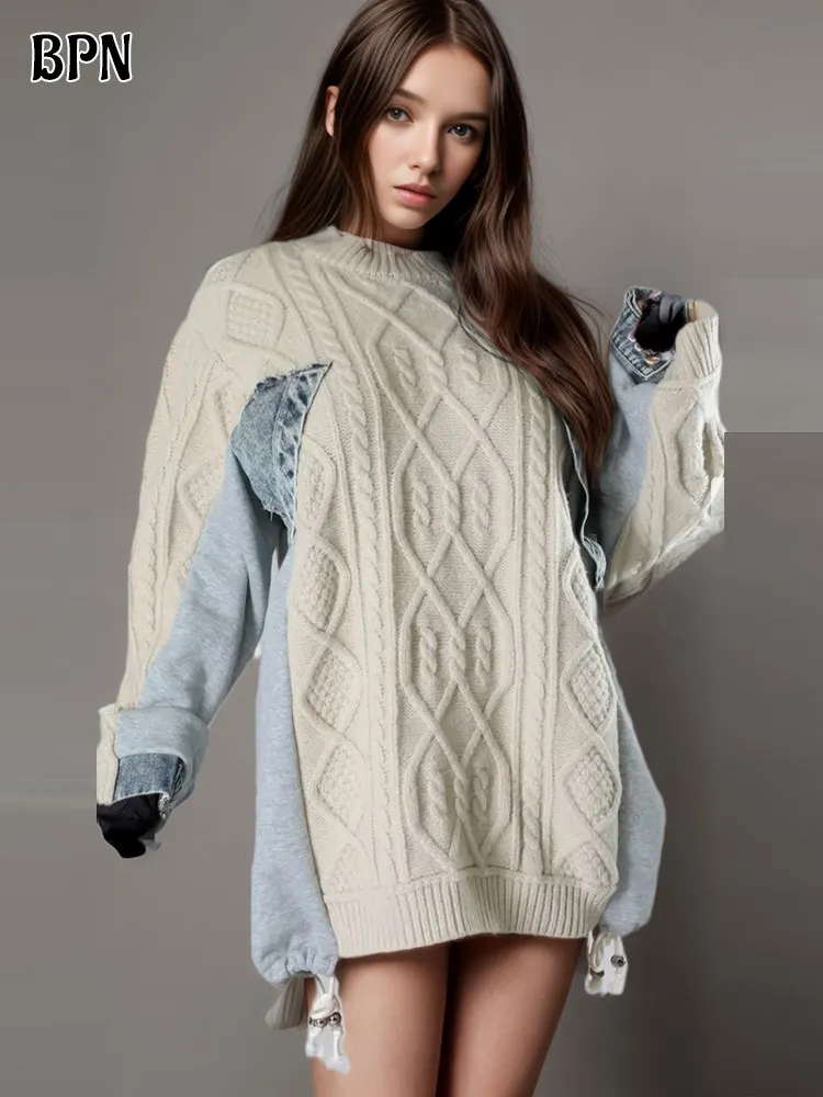 BPN Korean Patchwork Denim Knitting Sweaters For Women Round Neck Long Sleeve Colorblock Casual Sweater Female Fashion Clothing