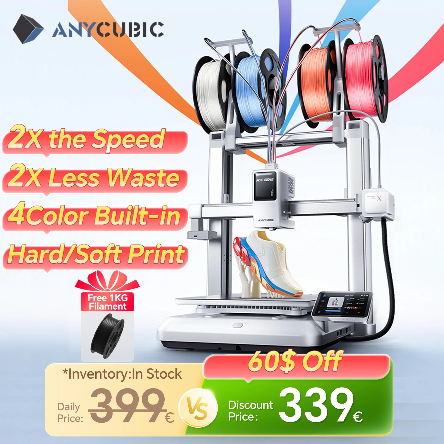 Imprimante 3D ANYCUBIC Kobra X, vitesse d'impression maximale de 600 mm/s, 2 fois plus rapide et plus économique en matériaux, impression 4 couleurs intégrée, nivellement automatique.