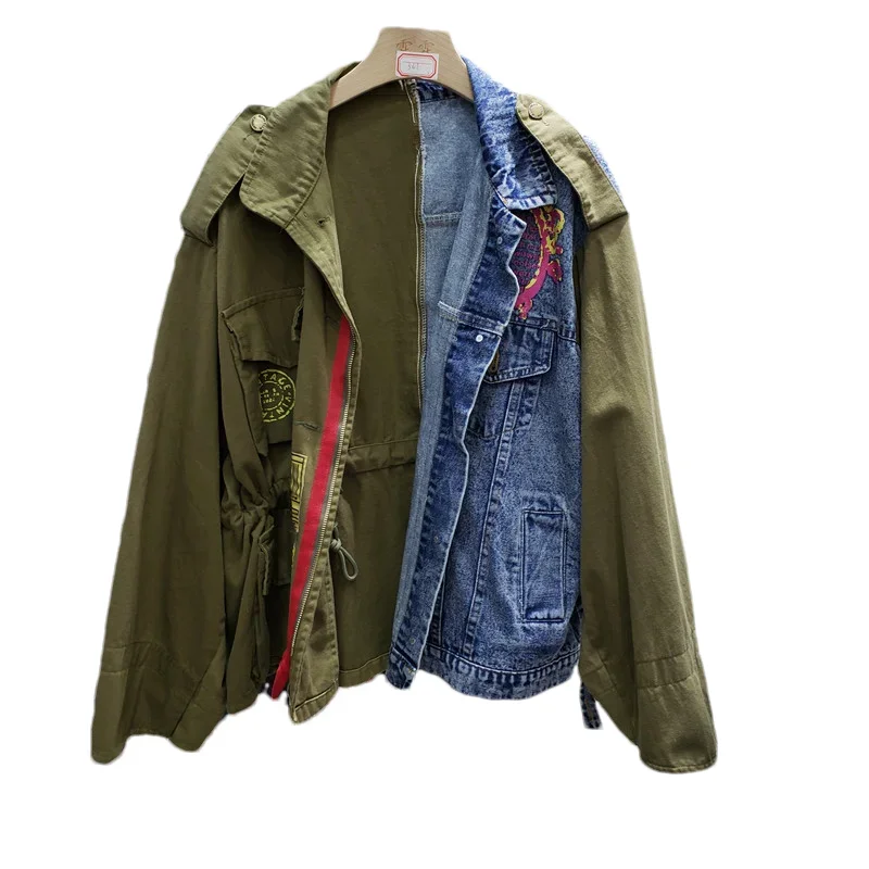 Autumn Women Army Green Patchwork Print Denim Jacket Loose Short Cowboy Outerwear Chaqueta Mujer Big Pocket Jeans Jacket Female