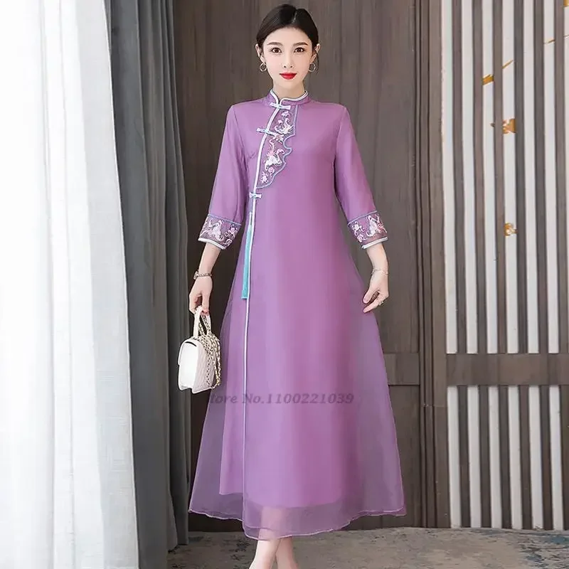 

2024 chinese traditional chiffon dress qipao national flower embroidery cheongsam dress oriental elegant wedding party dress