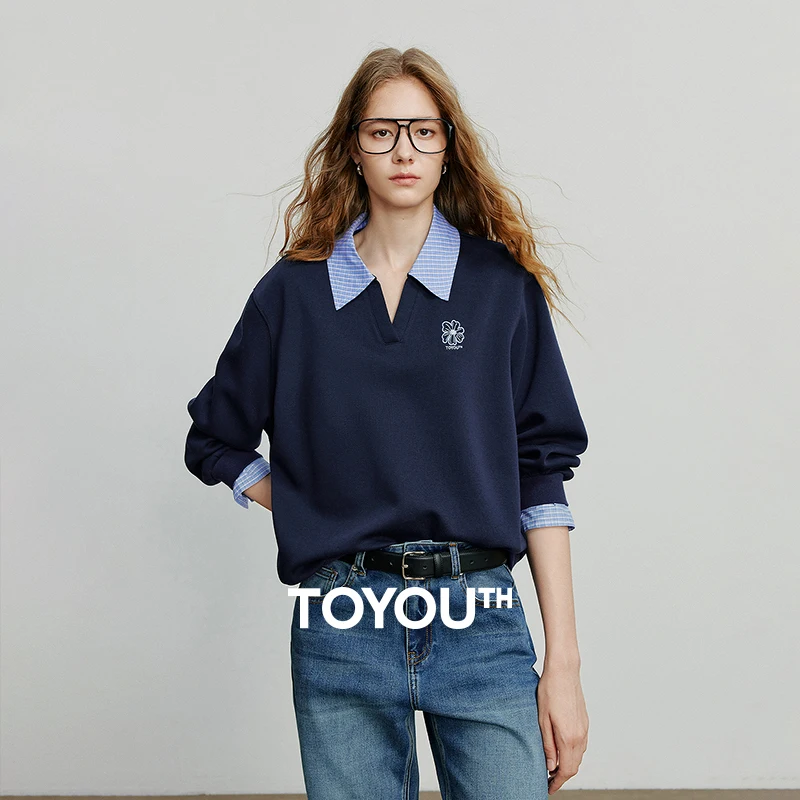 TOYOUTH Women's Hoodies Sweatshirt 2026 Autumn New Fake Two Piece Spliced Turn Down Collar Cotton Embroidered Pullover Tops