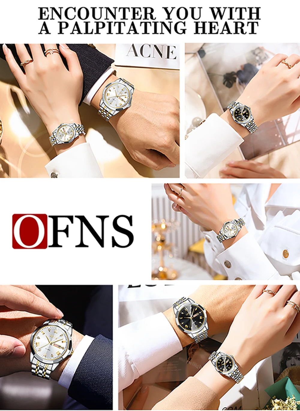 Ofns luxo qualidade casal relógios de quartzo masculino senhora relógios de aço inoxidável para mulher à prova dwaterproof água relógio de pulso de quartzo custo performan