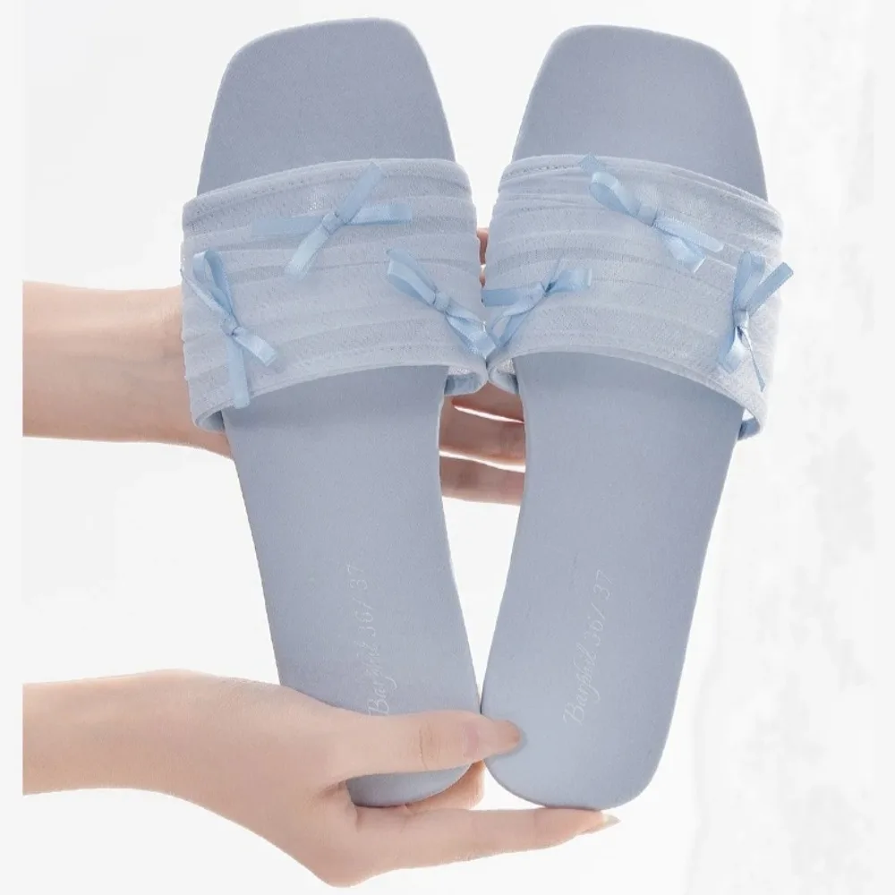 

New Spring-Summer Women's Mesh Fabric Slippers with Small Bowknot Decoration Fairy Style High-Class Women's Slippers