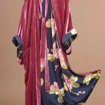 Koreansk sammetsklänning i stor storlek, digitalt blommönster med långt skärp, nattkläder, enaxlad, mini-midiklänning i polyesterfiber 10 best sales Knit maxi - №5