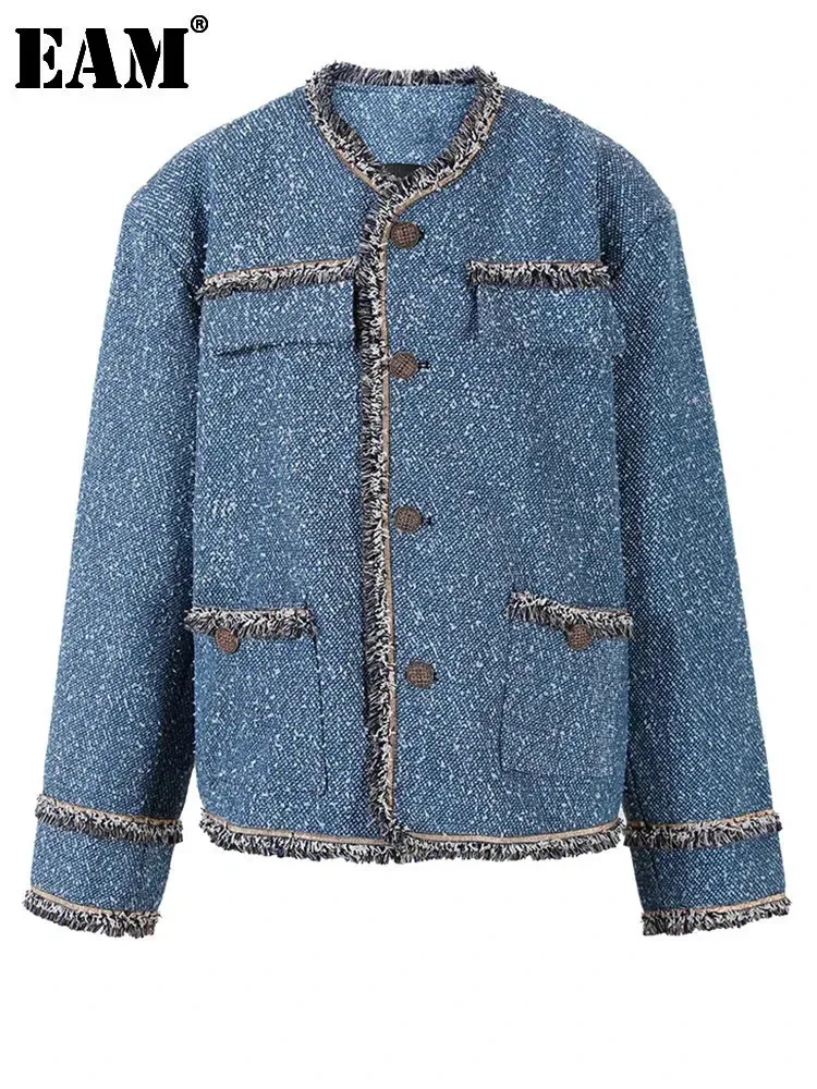 [EAM] Loose Fit Blue Denim Tassels Big Size Jacket New O-neck Long Sleeve Women Coat Fashion Tide Autumn Winter 2025 CPG0830