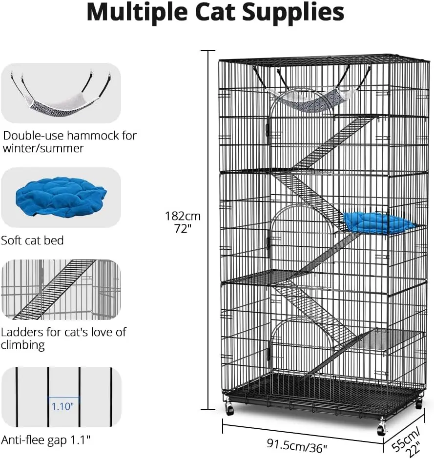 Großer Katzenkäfig-Laufstall mit 6 Etagen, 72 Zoll Innen-/Außengehäuse mit 3 Türen, Hängematte, geeignet für Katzen, Kätzchen usw