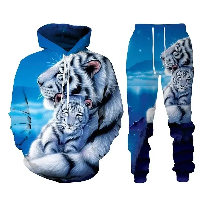 Fato de treino estampado tigre 3D masculino com capuz, pulôver manga comprida, calça grande, streetwear casual de alta qualidade, outono, inverno