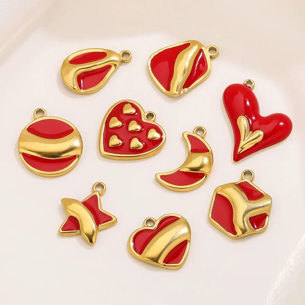 

5Pcs Gold-plated Red Enamel Heart, Moon, Five-pointed Star Stainless Steel Charms for Jewelry Making DIY Earrings Necklaces
