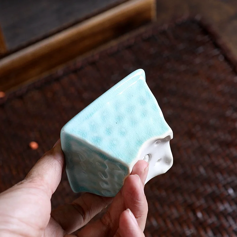 Porcelain Blue Glazed Round Square Bonsai Pot, Chinese Small Vase,Dormitory Room, Table, Garden Decoration