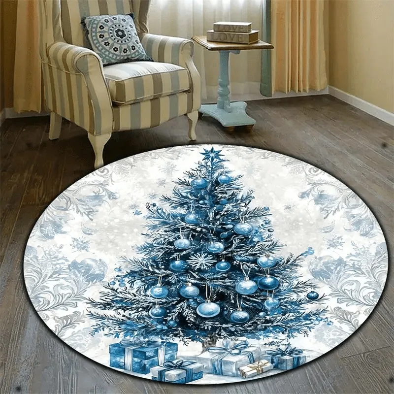 Blue Christmas Tree Round Carpet Xmas Gift Box Vintage Floral Scroll Print Floor Mat for Living Room Bedroom Winter Holiday Home