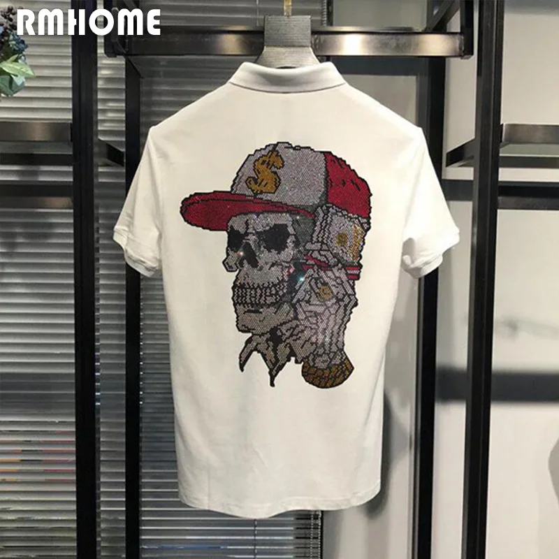 Men\'s Lapel T-shirt Polo Skull Handsome Rhinestone Design Short Sleeved Tops Cotton Summer Fashion Clothing Hip-hop Streetwear