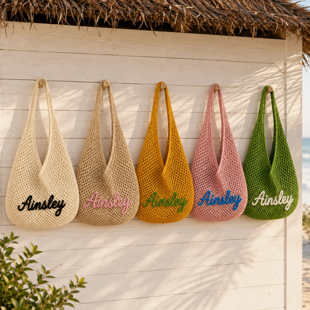 Embroidery Names - Junggesellinnenabschied Personalisierte Seilbestickte Stroh-Hobo-Tasche Hohlgewebte Strandtasche
