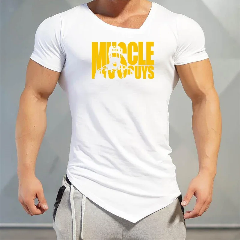 Muscleguys Brand Letters print Mens T-Shirts Fitness gyms Clothing Workout V neck TShirt Cotton Bodybuilding T Shirt Men