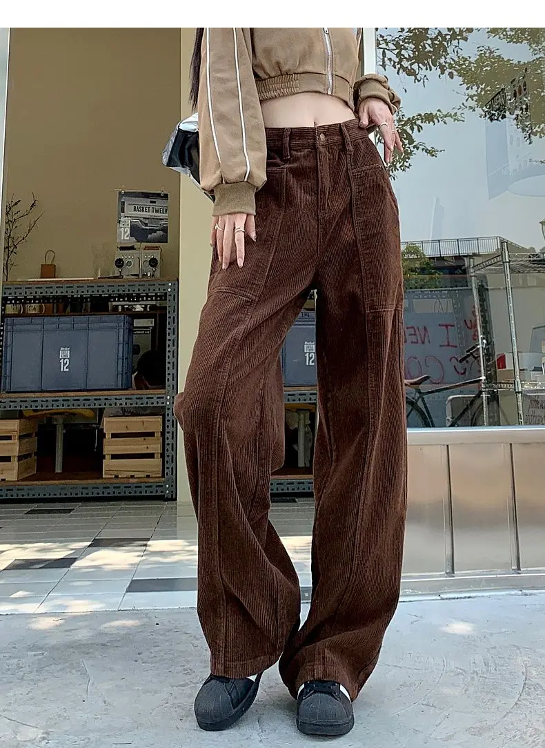 Trousers High Quality Brown Corduroy High Waist Retro Women'S Autumn And Winter Straight Wide Leg Pants