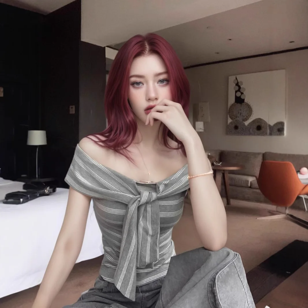 

2026 New Summer Striped Tie Back Off Shoulder Crop Top For Women Slim Fitted Short Sleeve T Shirt Sexy Cute Pure Desire Stylish