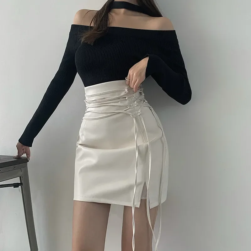 Pu Leather Skirt for Women with High Waist and Slit Cover Hips New Straps Hot Girls to Make Them Look Slimmer