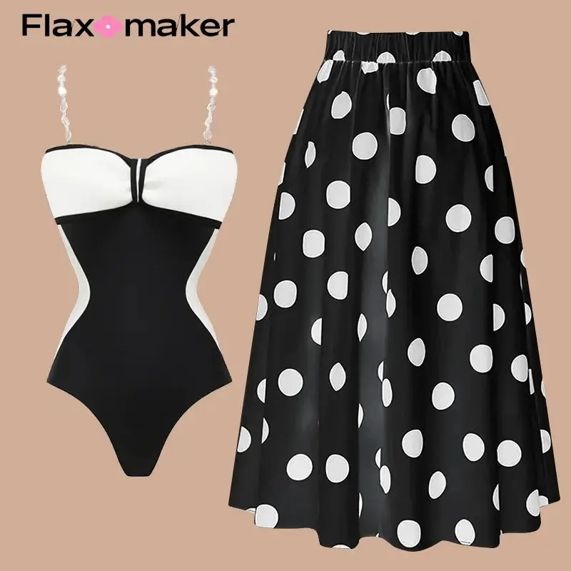 FLAXMAKER 3D Bow Decor One Piece Swimsuit and Skirt Pearl Shoulder Swimwear Women Beachwear