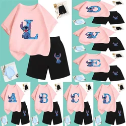 T-shirt Lilo e Stitch Set Compleanno Lettera fortunata Cotone Abbigliamento per bambini Ragazze e ragazzi Camicie sportive T-shirt comiche Baby Casual