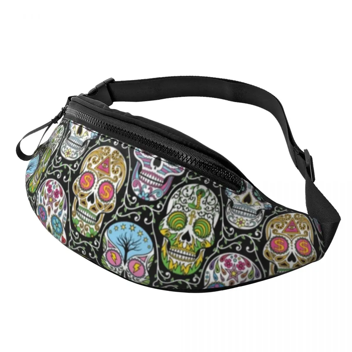 Mexican Skull Flower Pattern Fanny Bag Custom Crossbody Waist Pack Women Men Travel Hiking Phone Money Pouch