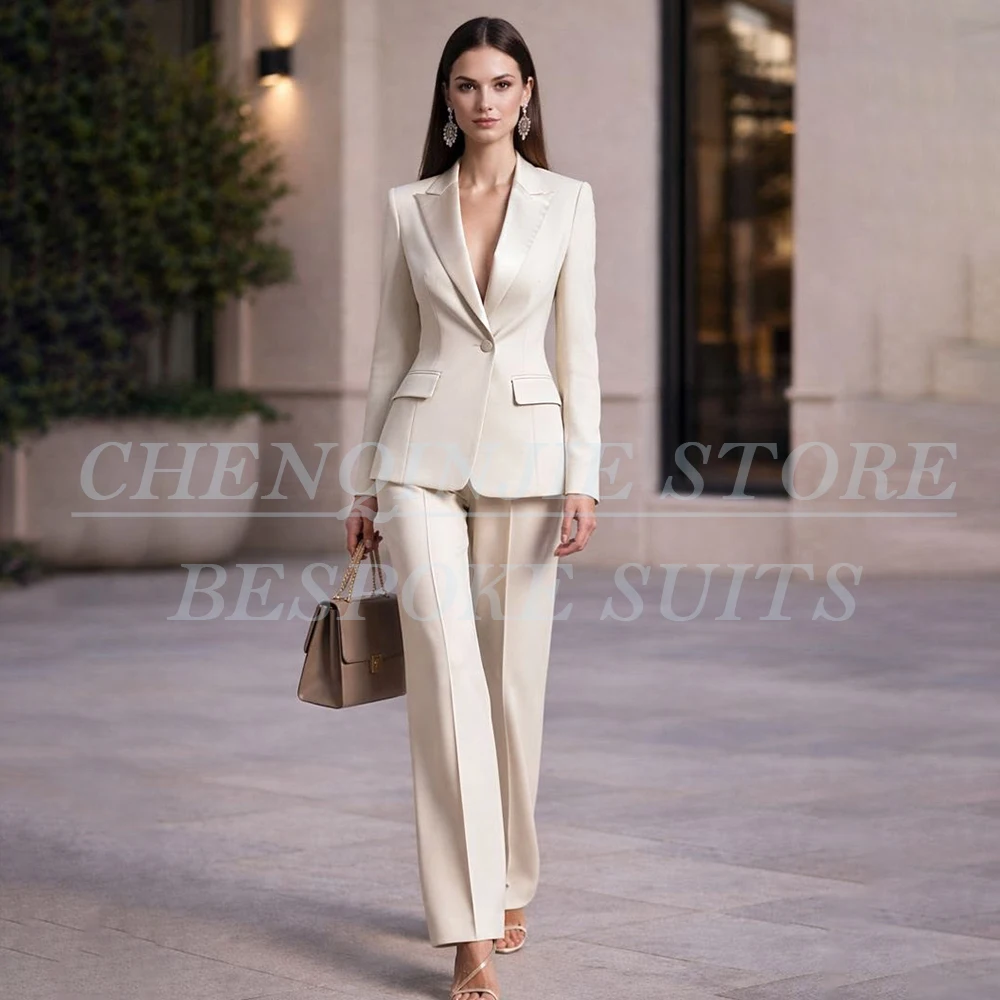 High Quality One-Button Women's Two Piece Suits Customized Satin Peak Lapel Blazer Office Work 2 Piece Jacket Pants Sets