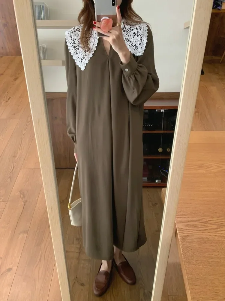 

Винтажное женское платье Y2k с отложным воротником, осень 2022, женские кружевные лоскутные платья трапециевидной формы с длинным рукавом, свободные темпераментные платья