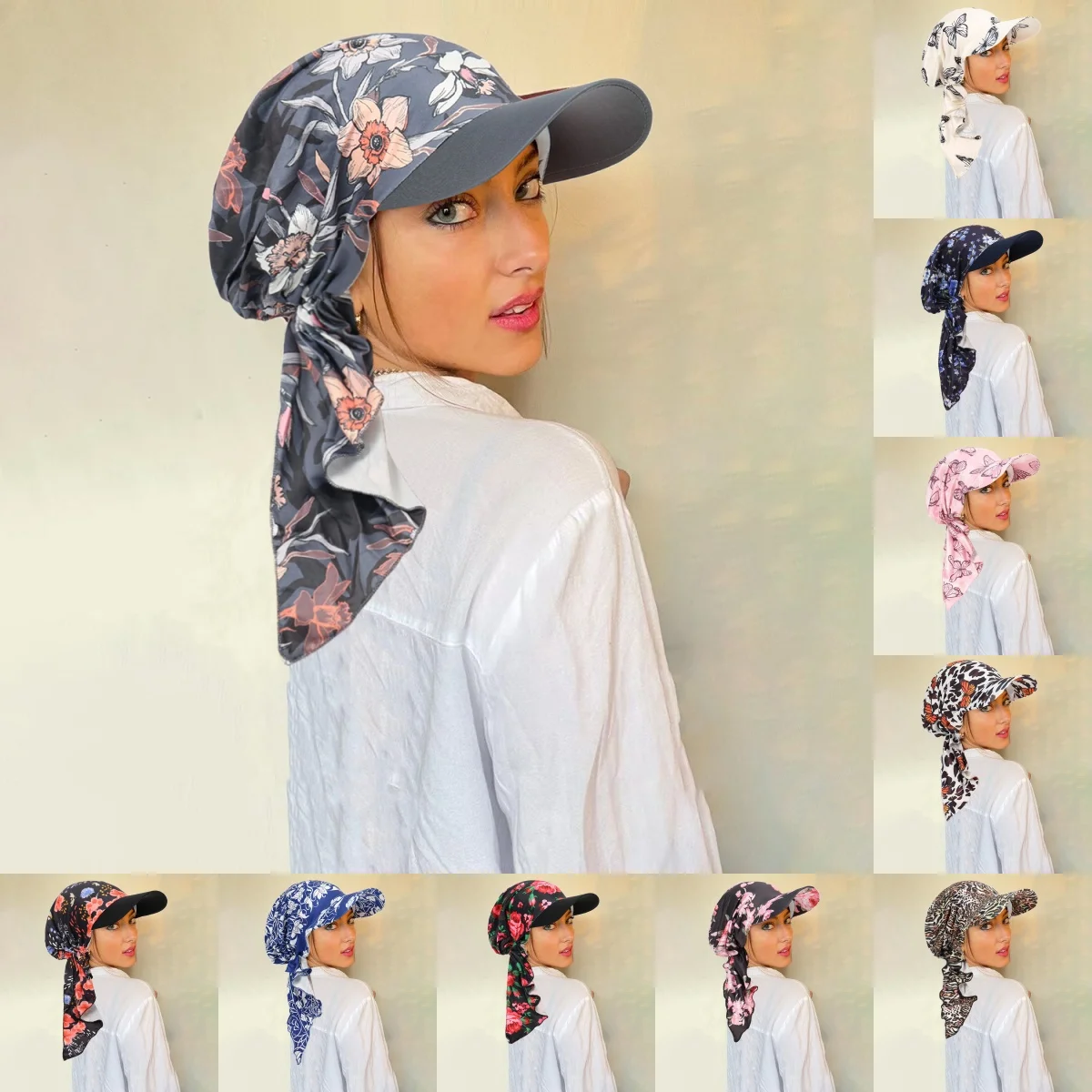 

New Muslim Floral Print Hijab Turban Hat for Women Visor Baseball Cap Sun Hats Headscarf Scarf Brim Femme Scarves Bandanas