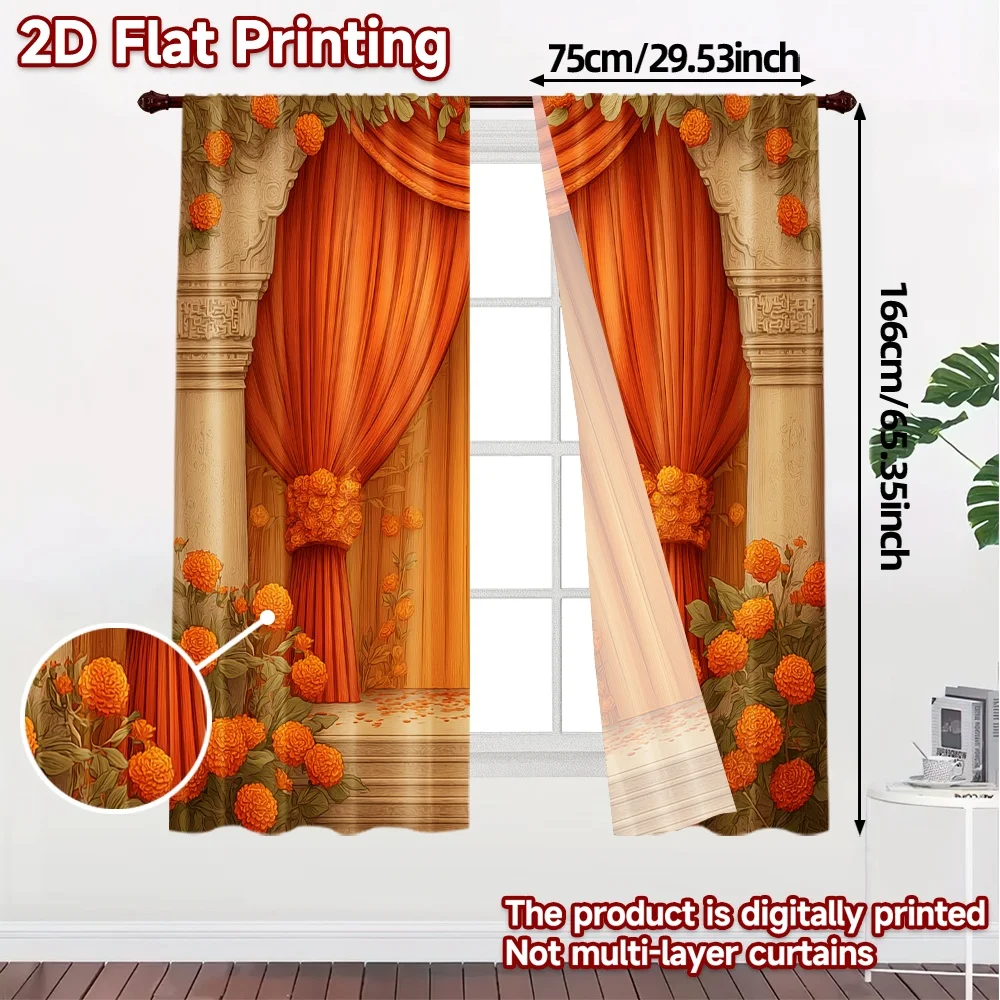 2D Flat Printing,JIT 2pcs, Curtains (Without Rod) Floral Sunrise Print Chic Curtains Fabric Curtains Holiday Use for Bedroom,