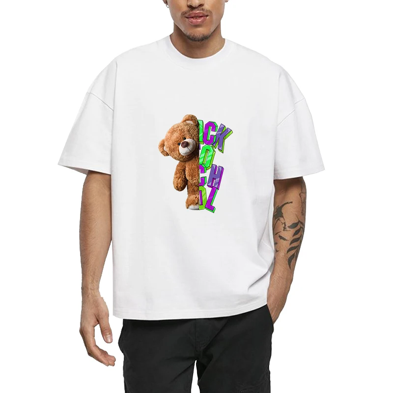 Bear Printed Graphic T Shirts Y2k Men's Clothing New in Tops Gifts for Boyfriend Men's Cotton T-shirt Streetwear Tees White