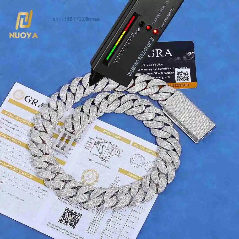 NUOYA 23mm Cuban Link Chain Necklace 925 Silver Round Brilliant Cut Moissanite Chunky Chain Pass Diamond Test Gift for Men，