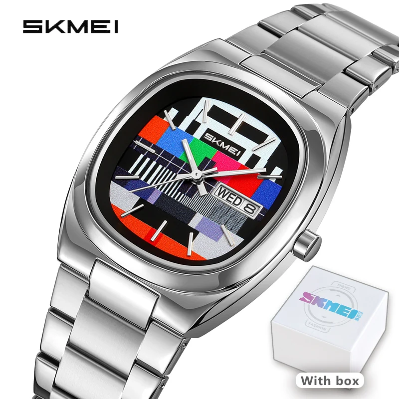 SKMEI Men's Retro Simple Gold Watch Oval - Shaped Case TV Test Pattern Dial, Stainless Steel Band Time Week Date 30M Water 9375