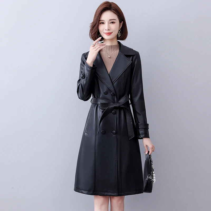 

Woman Sheepskin OverCoat Spring Autumn Winter 2024 Fashion Luxury Pu Leather Warm Slim medium length Sheep Leather Coat Female