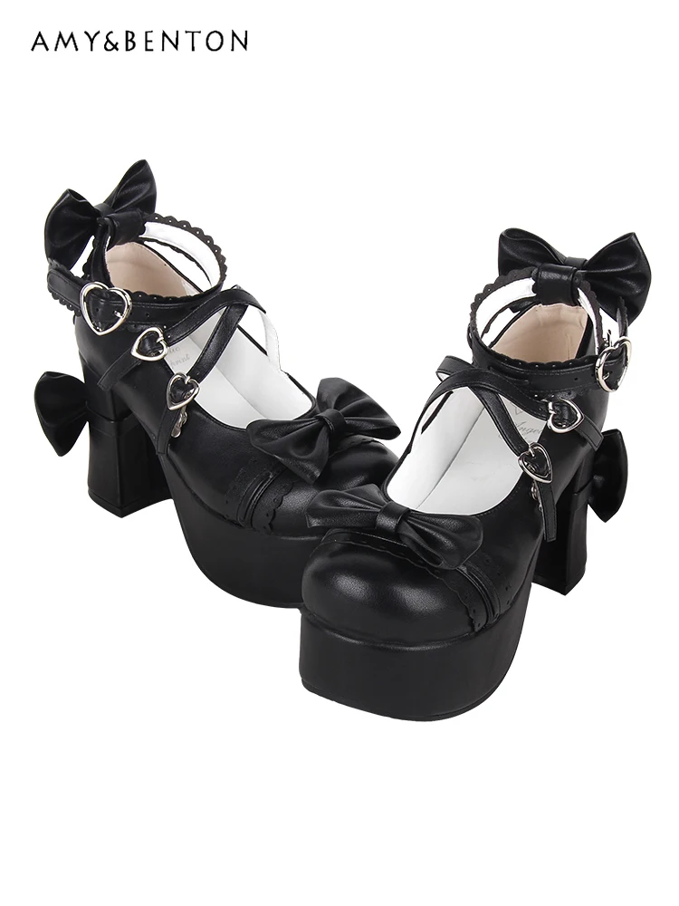 لوليتا نمط جولة تو الضحلة عالية الكعب الحلو لطيف القوس جولة تو الدانتيل القلب مشبك سميكة وحيد ماري جين أحذية بولي PU حذا فردي للسيدات