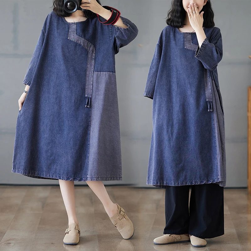 

Джинсовое платье миди с талией в стиле ретро, большой размер, женское весенне-осеннее длинное свек, свободный крой из смеси хлопка и полиэстера, круглый Ne Dr