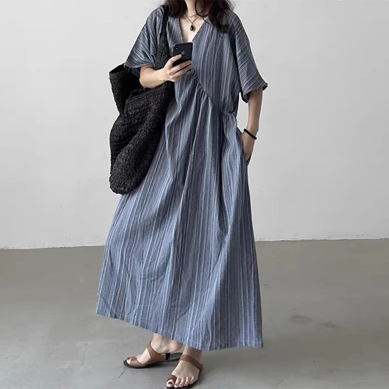 Zomer Nieuwe Dames Losse V-ne ort-sved Dr Retro Textuur Voel Lange Dr Koreaanse Sle Woon-werkverkeer Losse Taille Andere Mate...